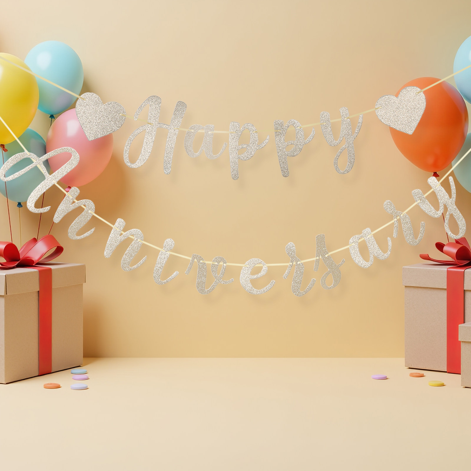Party Banner Gold - แบนเนอร์สุขสันต์วันครบรอบแต่งงาน สีทองประดับกลิตเตอร์ พร้อมสายแขวน ตกแต่งงานแต่งงาน ธงกระดาษประดับตกแต่ง งานครบรอบแต่งงานสุดโรแมนติก