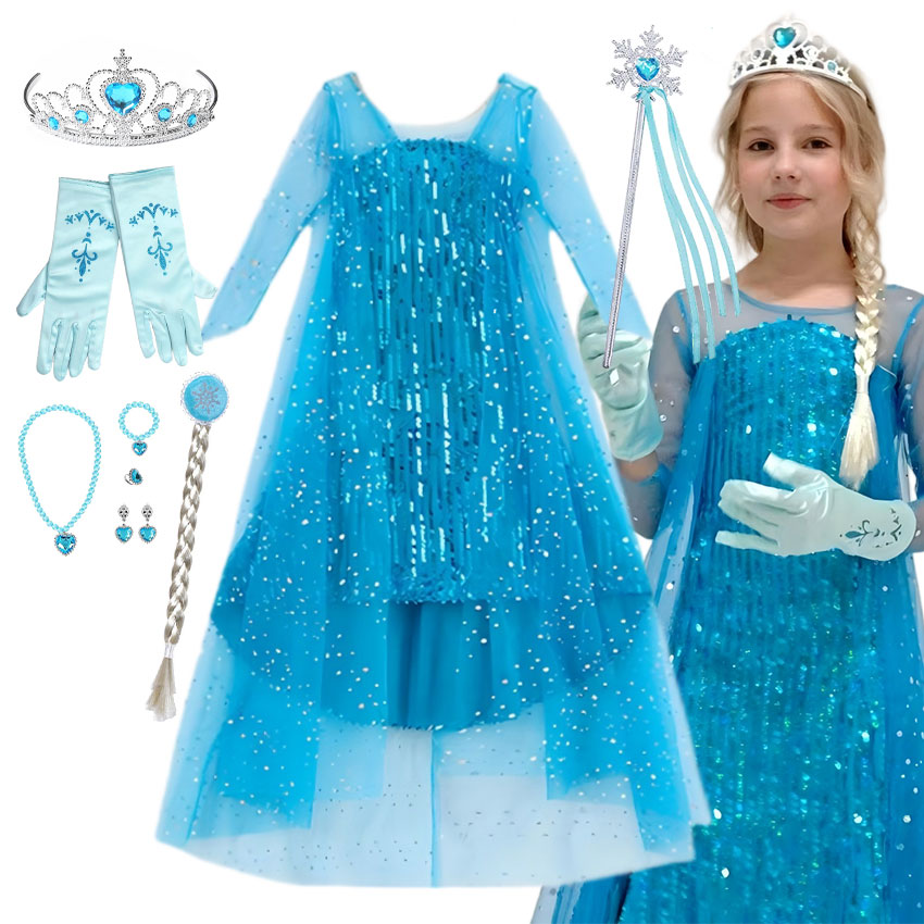 Glitter Tablecloth - ชุดเดรสเจ้าหญิงแม็กซี่สุดอลังการ ประดับเลื่อมทั้งตัว พร้อมชายกระโปรงสีฟ้าระยิบระยับ ผ้าทูลล์วิบวับ ชุดคอสเพลย์เอลซ่า ราชินีหิมะ